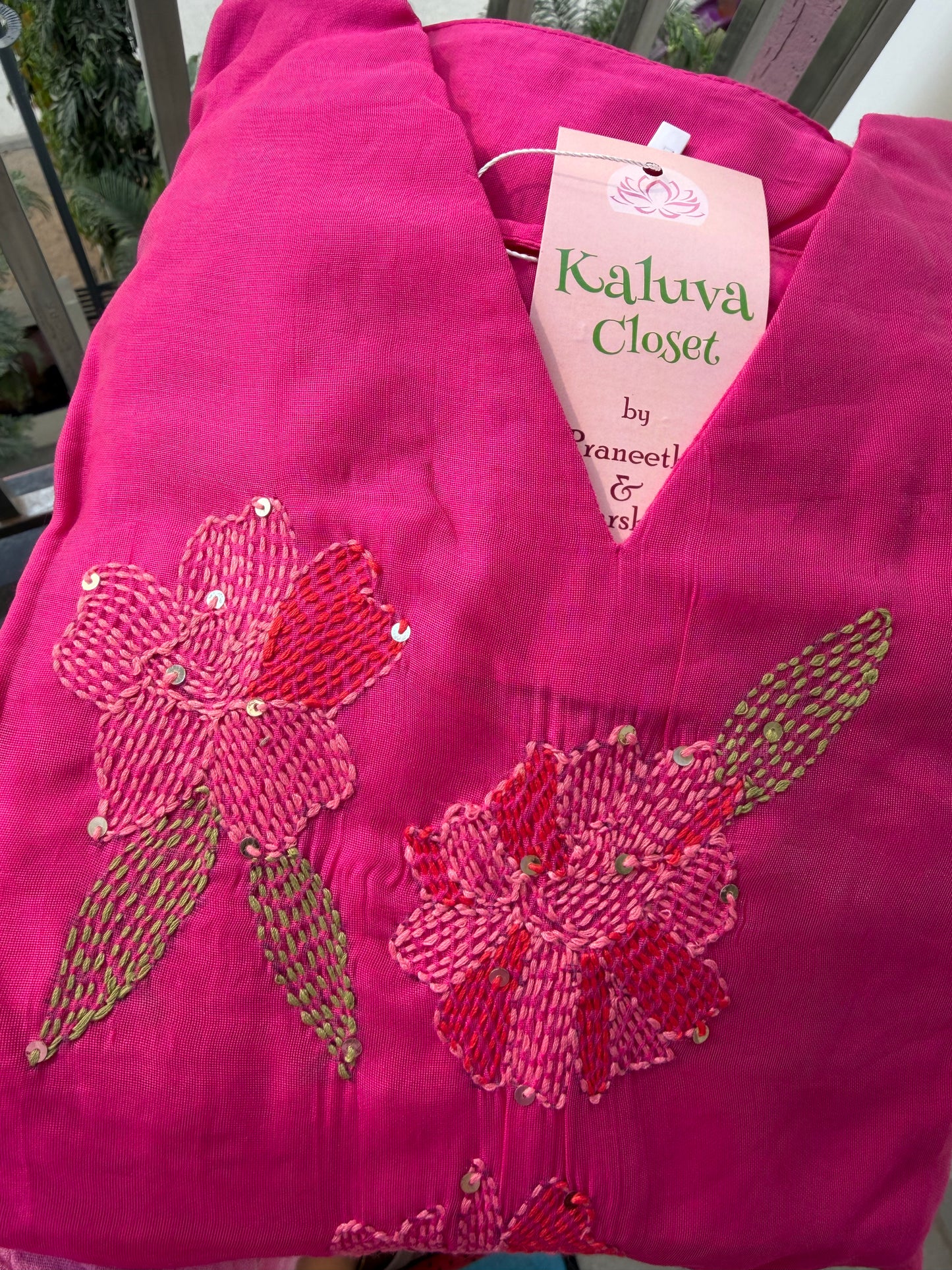 A0604 First picture is the latest production work and followed by the reference pictures.Our best seller is now available in new shade.Rani pink 3pc set with kanta work detailing