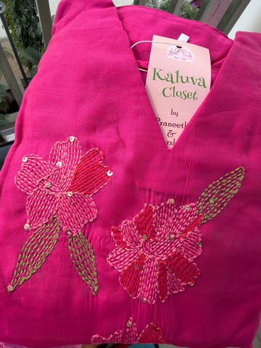 A0604 First picture is the latest production work and followed by the reference pictures.Our best seller is now available in new shade.Rani pink 3pc set with kanta work detailing