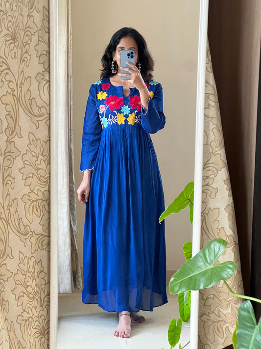 A0458 blue chinnon one piece dress with applique work & thread embroidery detailing