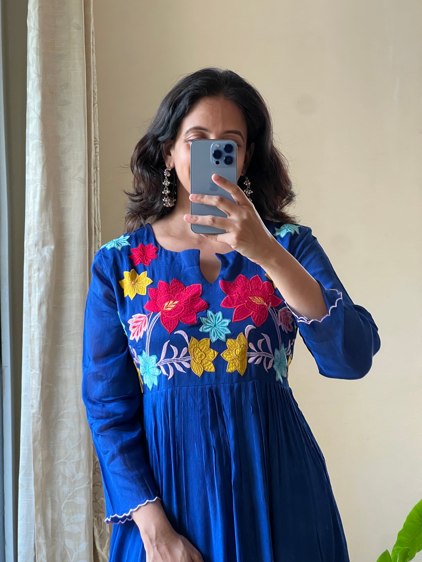 A0458 blue chinnon one piece dress with applique work & thread embroidery detailing