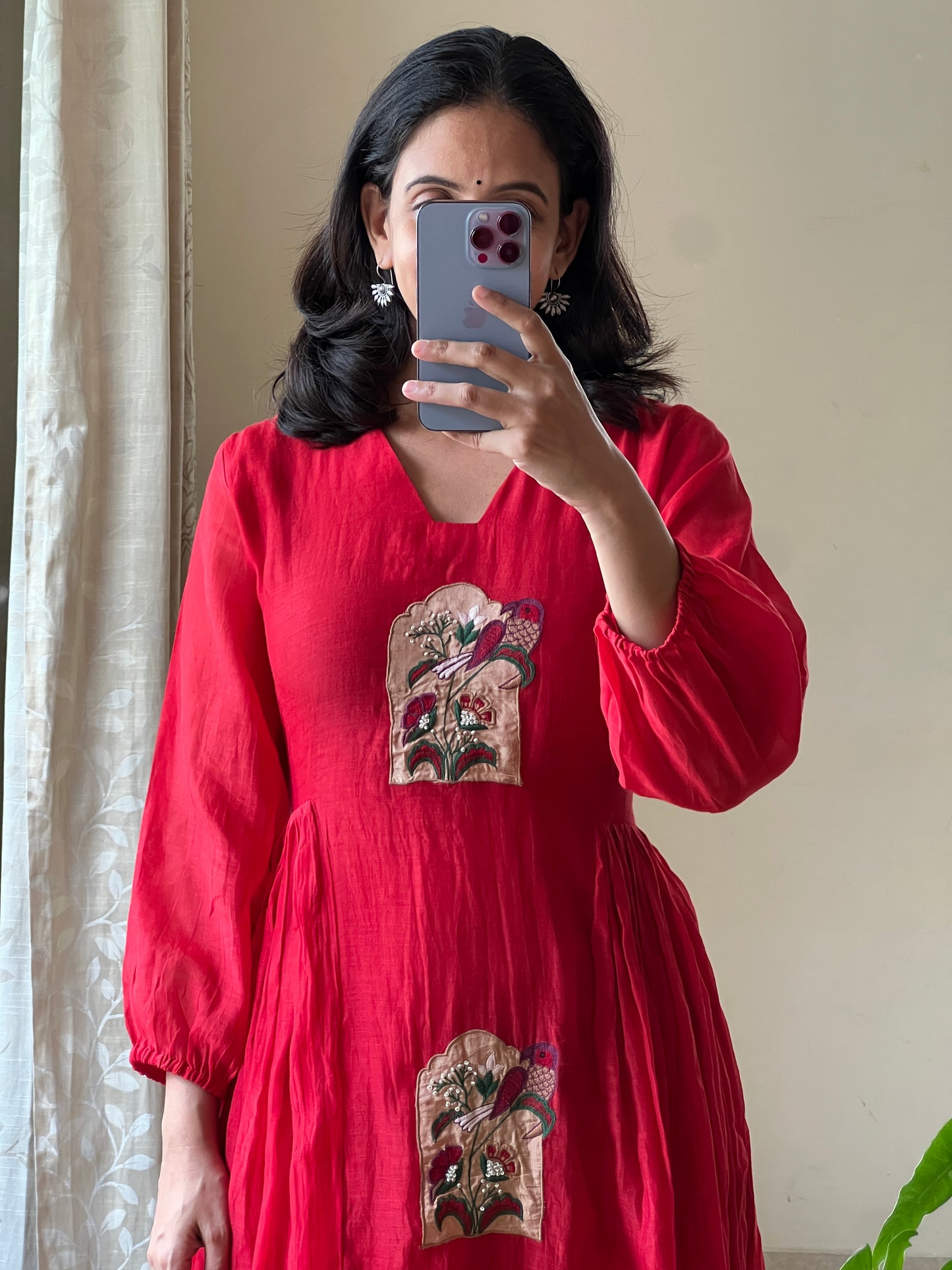 A0466 red mul chanderi one piece dress with applique work detailing & side gathers