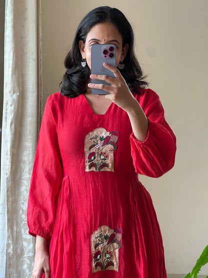 A0466 red mul chanderi one piece dress with applique work detailing & side gathers