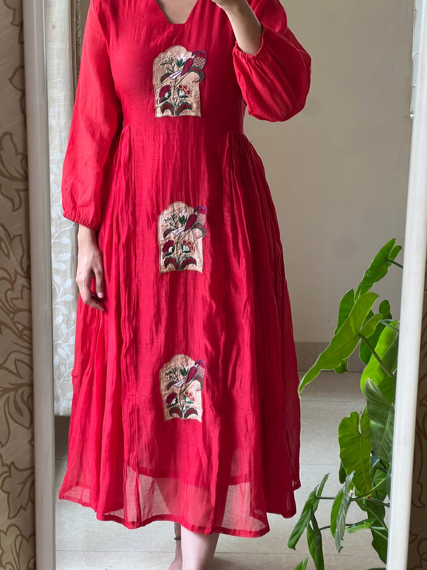 A0466 red mul chanderi one piece dress with applique work detailing & side gathers