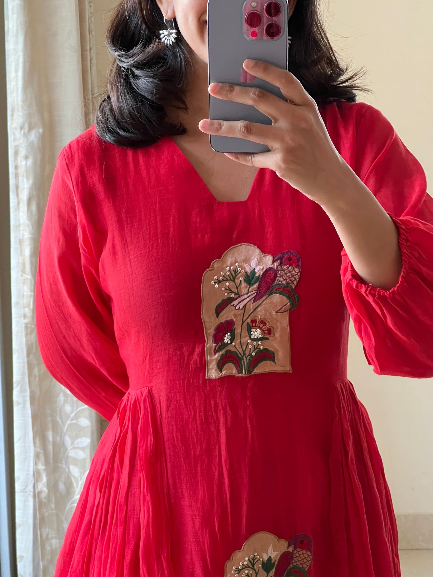 A0466 red mul chanderi one piece dress with applique work detailing & side gathers