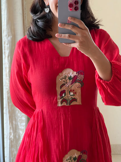 A0466 red mul chanderi one piece dress with applique work detailing & side gathers