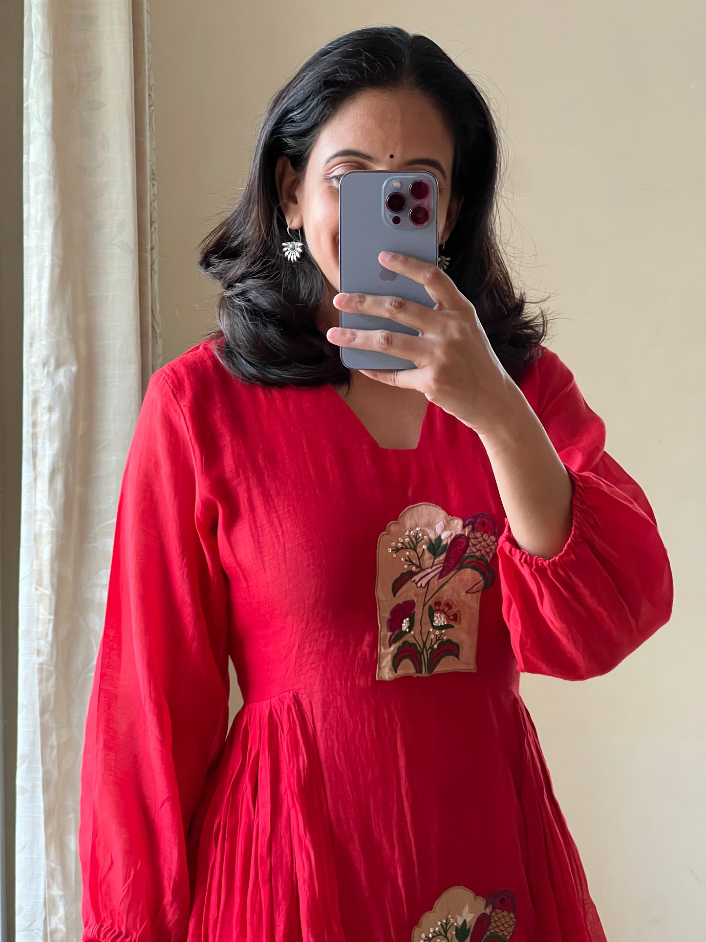 A0466 red mul chanderi one piece dress with applique work detailing & side gathers