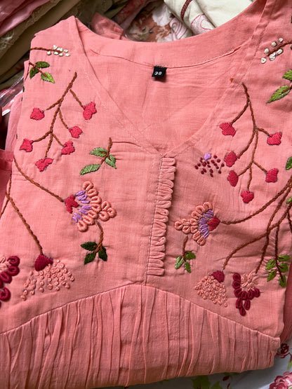 A0214 peach Mulmul shaded two piece set with hand embroidery detailing