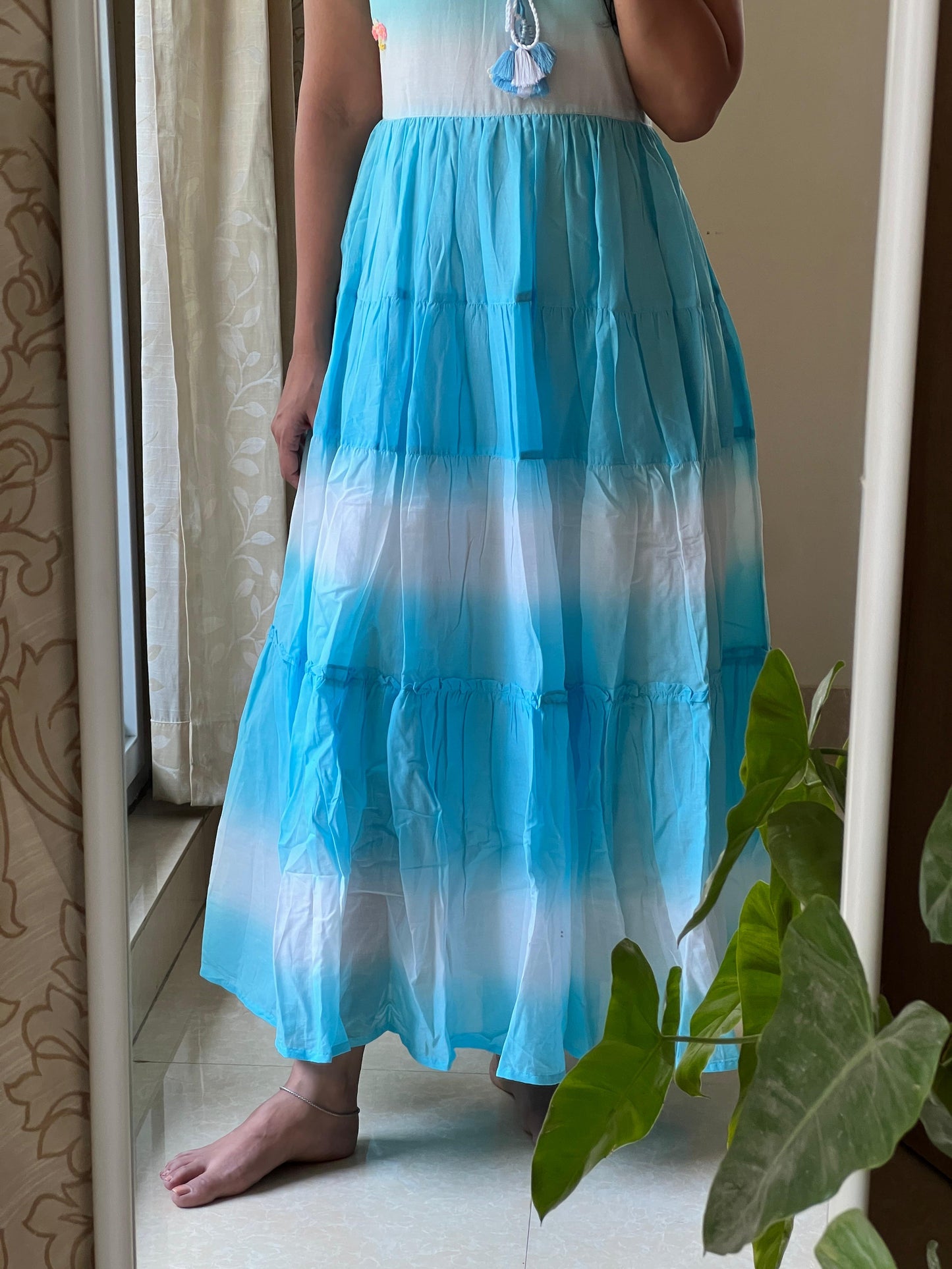 9098 - White & Blue one piece dress with Hand embroidery detailing