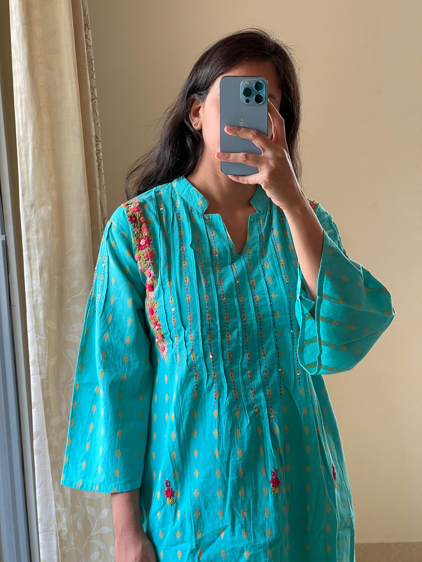 9046 blue handloom cotton Straight cut Hand Embroidery