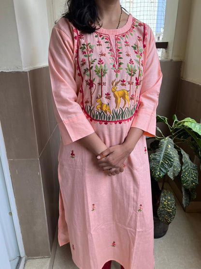 9058 Peach Handloom cotton thread work Kurti