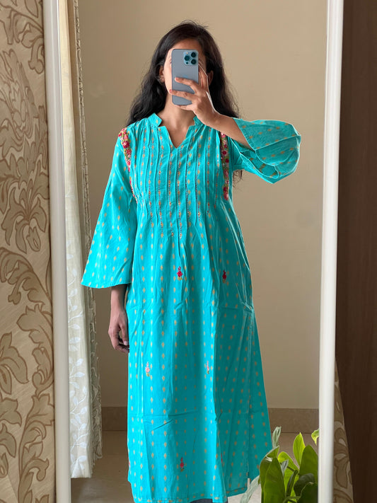 9046 blue handloom cotton Straight cut Hand Embroidery